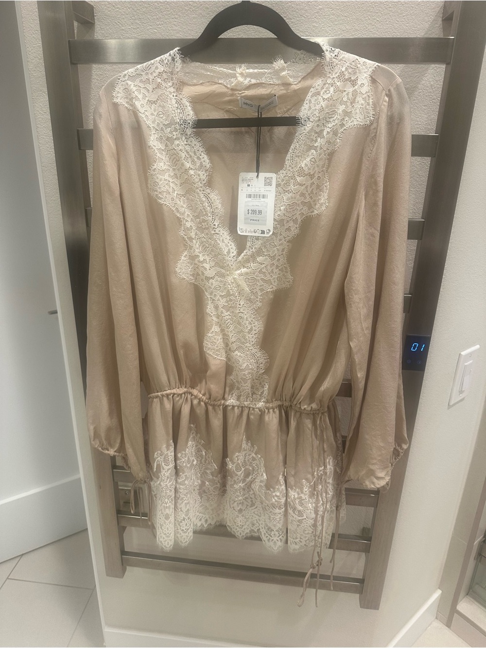 Mango Beige Mini Dress with Ivory Lace Trim